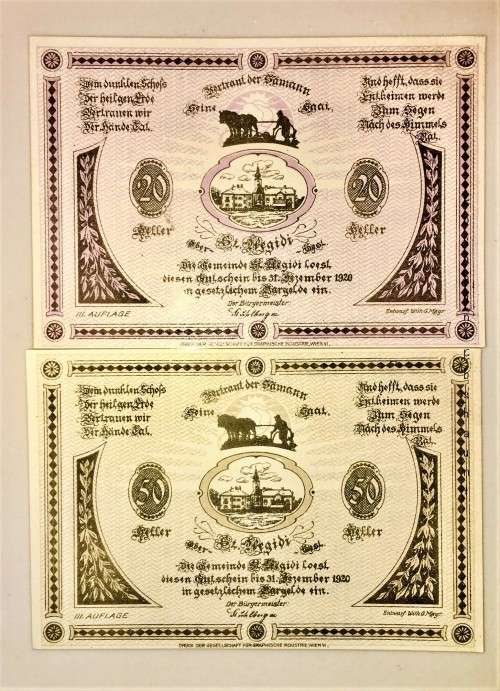 AUSTRIA SET,,,50 HELLER & 20 HELLER ST, AEGIDI 1920 CRISP UNC  NOTGELD(EMERGENCY MONEY)
