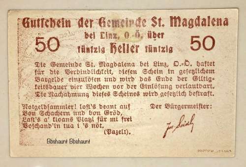 AUSTRIA ,,,50 HELLER ST. MAGDALENA 1920 CRISP AUNC  NOTGELD(EMERGENCY MONEY)