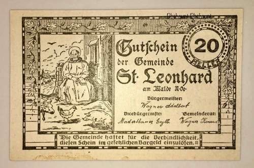 AUSTRIA ,,,20 HELLER ST. LEONHARD 1920 CRISP UNC  NOTGELD(EMERGENCY MONEY)