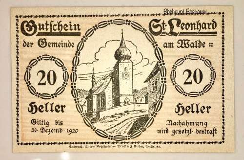 AUSTRIA ,,,20 HELLER ST. LEONHARD 1920 CRISP UNC  NOTGELD(EMERGENCY MONEY)