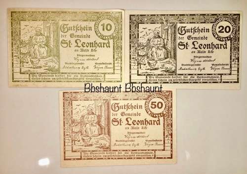 AUSTRIA SET,,,50 HELLER ,20 HELL&10 HELLER ST. LEONHARD 1920 CRISP UNC-AUNC NOTGELD(EMERGENCY MONEY)