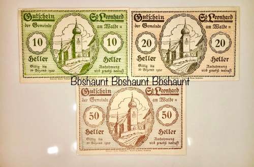 AUSTRIA SET,,,50 HELLER ,20 HELL&10 HELLER ST. LEONHARD 1920 CRISP UNC-AUNC NOTGELD(EMERGENCY MONEY)