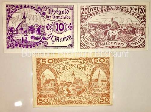 AUSTRIA SET,,,50 HELLER ,20 HELLER &10 HELLER ST.MARIEN 1920 CRISP UNC-AUNC NOTGELD(EMERGENCY MONEY)