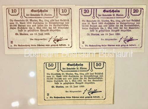 AUSTRIA SET,,,50 HELLER ,20 HELLER &10 HELLER ST.MARIEN 1920 CRISP UNC-AUNC NOTGELD(EMERGENCY MONEY)