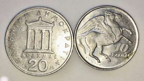 GREECE,, 20 DRACHMA 1976 &10 DRACHMA 1978
