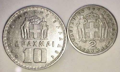 GREECE,, 10 DRACHMA 1959 & 2 DRACHMA 1957