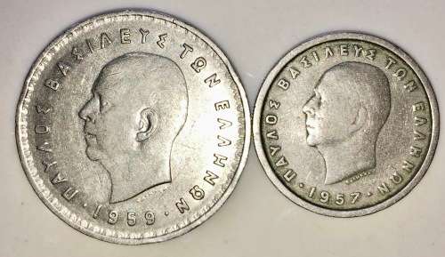 GREECE,, 10 DRACHMA 1959 & 2 DRACHMA 1957