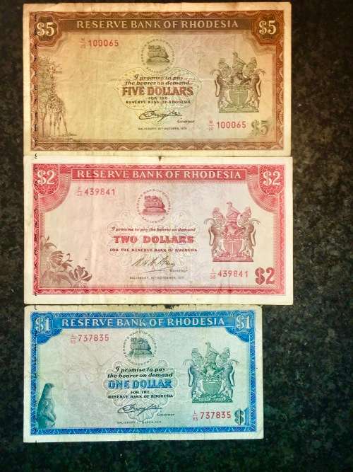 RHODESIA SET $5,,,,1978 , $2,,,1971 & $1 DOLLAR 1976 SALISBURY C.RHODES WATERMARK