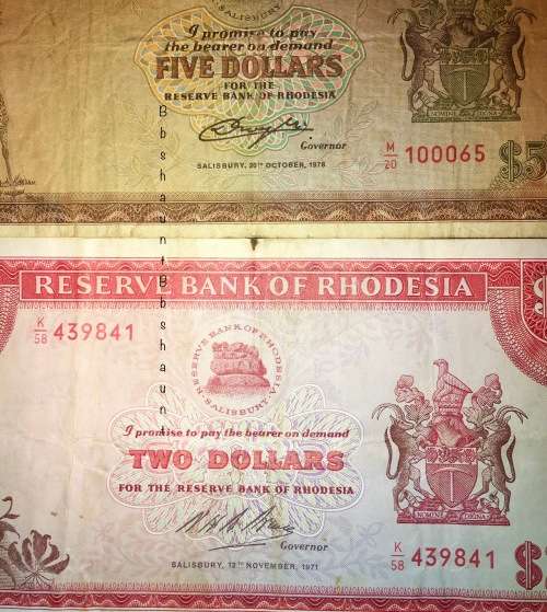 RHODESIA SET $5,,,,1978 , $2,,,1971 & $1 DOLLAR 1976 SALISBURY C.RHODES WATERMARK