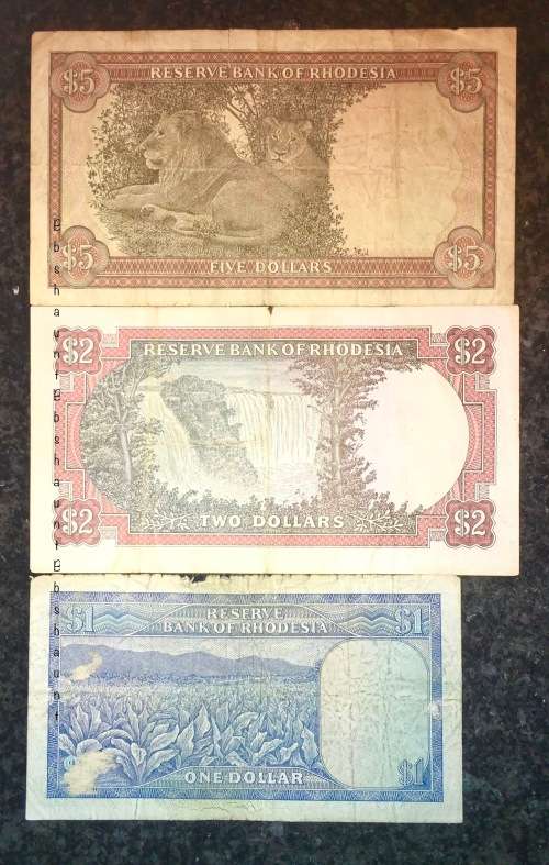 RHODESIA SET $5,,,,1978 , $2,,,1971 & $1 DOLLAR 1976 SALISBURY C.RHODES WATERMARK