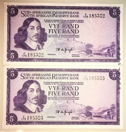 TW DE JONG X2 IN SEQUENCE F175-185303-302 UNC GEM 1967 FIRST ISSUE AFR/ENG ( 1 BID TAKES ALL)