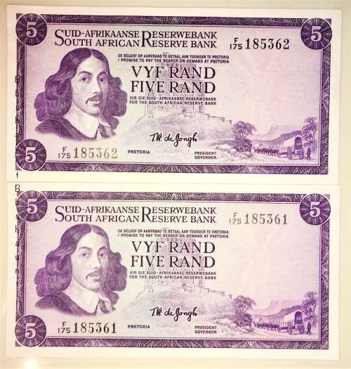 TW DE JONG X2 IN SEQUENCE F175-185361-362 UNC GEM 1967 FIRST ISSUE AFR/ENG ( 1 BID TAKES ALL)