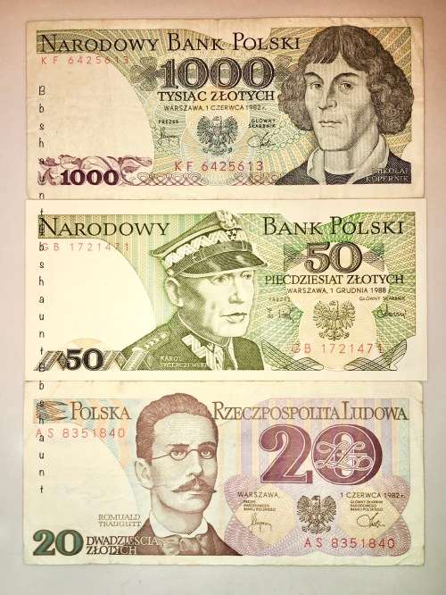 POLAND 1000 ZLOTYCH 1982 , 50 ZL 1988 & 20 ZLOTYCH 1982