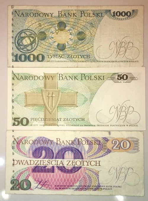 POLAND 1000 ZLOTYCH 1982 , 50 ZL 1988 & 20 ZLOTYCH 1982