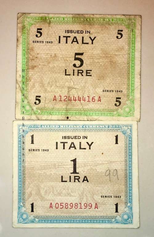 ITALY SET,,, 5 LIRE & 1 LIRE 1943 ALLIED MILITARY CURRENCY