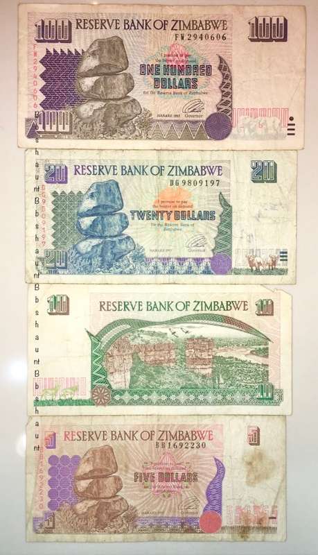 ZIMBABWE SET 100 DOLLARS 1995 , 20 DOLLARS 1997, 10 DOLLARS 1997 & 1 DOLLAR 1997(1 BID TAKES ALL)