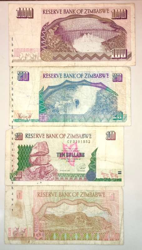 ZIMBABWE SET 100 DOLLARS 1995 , 20 DOLLARS 1997, 10 DOLLARS 1997 & 1 DOLLAR 1997(1 BID TAKES ALL)
