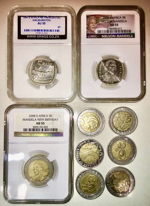 COMPLETE SET OF COMMEMORATIVE R5 COINS 1994 TO 2021 THREE GRADED COINS & HIGH GRADE CIRCULATED COINS