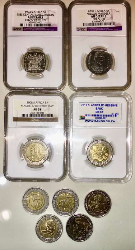 COMPLETE SET OF COMMEMORATIVE R5 COINS 1994 TO 2021 FOUR GRADED COINS & HIGH GRADE CIRCULATED COINS