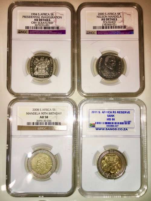 COMPLETE SET OF COMMEMORATIVE R5 COINS 1994 TO 2021 FOUR GRADED COINS & HIGH GRADE CIRCULATED COINS