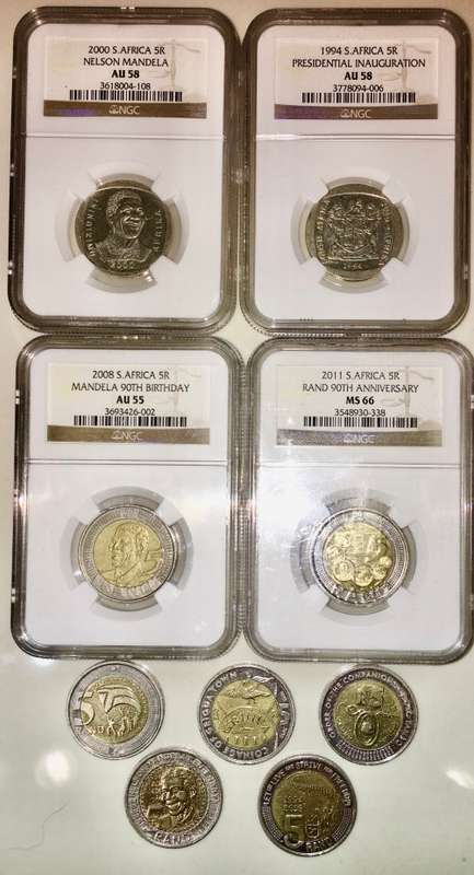 COMPLETE SET OF COMMEMORATIVE R5 COINS 1994 TO 2021 FOUR GRADED COINS & HIGH GRADE CIRCULATED COINS