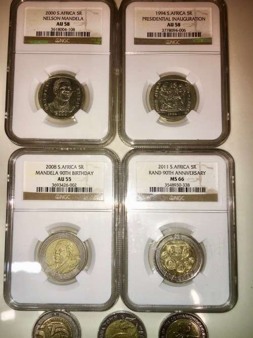 COMPLETE SET OF COMMEMORATIVE R5 COINS 1994 TO 2021 FOUR GRADED COINS & HIGH GRADE CIRCULATED COINS