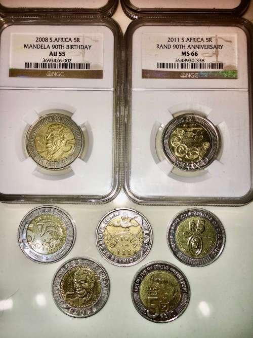 COMPLETE SET OF COMMEMORATIVE R5 COINS 1994 TO 2021 FOUR GRADED COINS & HIGH GRADE CIRCULATED COINS