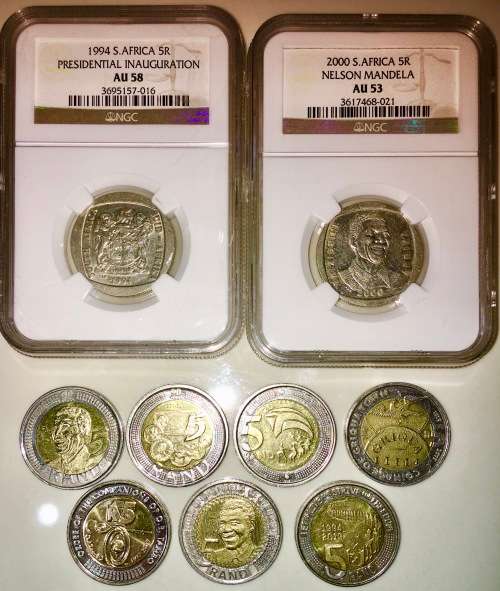 COMPLETE SET OF COMMEMORATIVE R5 COINS 1994 TO 2021 TWO GRADED COINS & HIGH GRADE CIRCULATED COINS