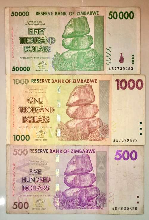 ZIMBABWE SET 50,000 DOLLARS 2008 , 1000 DOLLARS and 500 DOLLARS  2007(1 BID TAKES ALL)