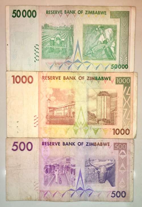 ZIMBABWE SET 50,000 DOLLARS 2008 , 1000 DOLLARS and 500 DOLLARS  2007(1 BID TAKES ALL)