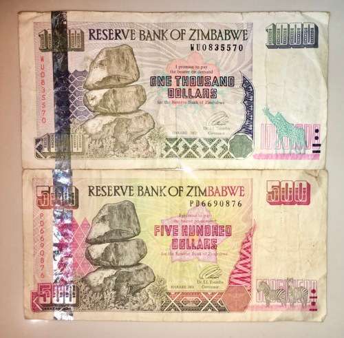 ZIMBABWE SET 1000 DOLLARS 2003 & 500 DOLLARS 2001
