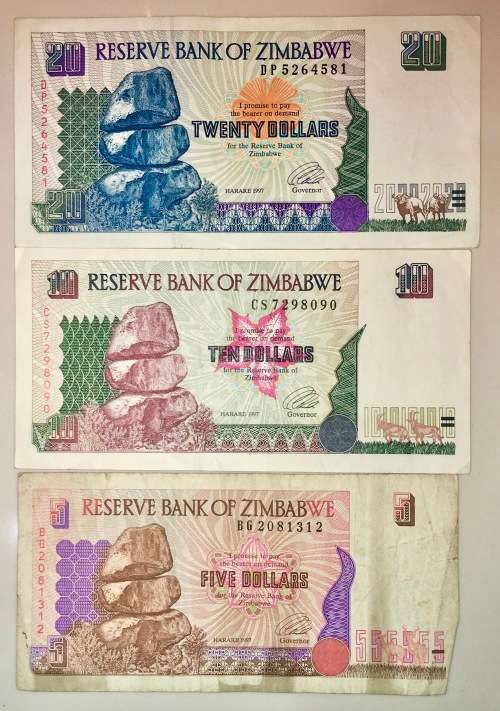 ZIMBABWE SET 20 DOLLARS, 10 DOLLARS & 5 DOLLARS 1997 ( 1 BID TAKES ALL)