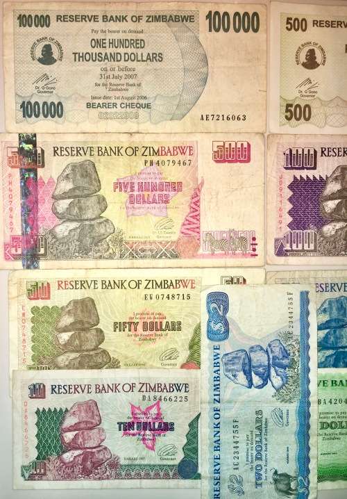 ZIMBABWE SET X9,,, 100,000 DOLLARS TO 2 DOLLARS 1994-2007(1 BID TAKES ALL)