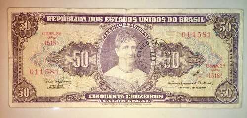 BRASIL 50 CRUZEIROS STAMPED 5 CENTAVOS 1967