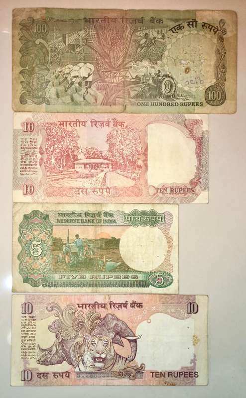INDIA SET 100 RUPEE 1979 & 2X 10 RUPEE , 5  RUPEE
