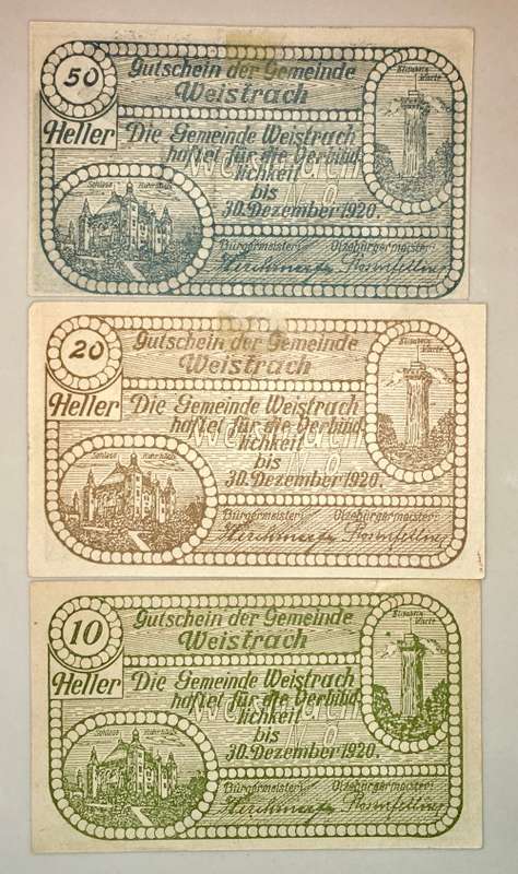 AUSTRIA SET ,,,50 HELLER, 20 HELLER &10 HELLER WEISTRACH 1920 CRISP UNC  NOTGELD(EMERGENCY MONEY)