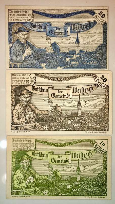 AUSTRIA SET ,,,50 HELLER, 20 HELLER &10 HELLER WEISTRACH 1920 CRISP UNC  NOTGELD(EMERGENCY MONEY)
