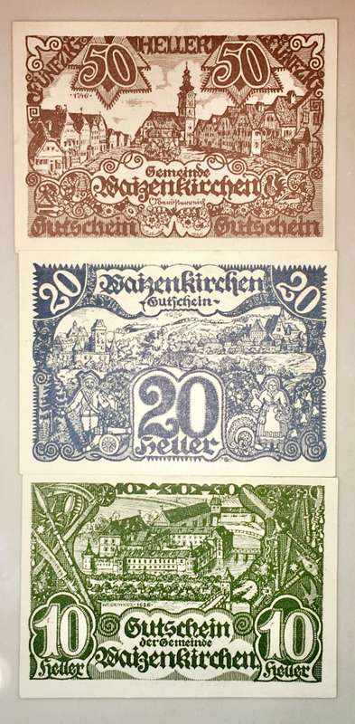 AUSTRIA SET ,,, 50 HELLER ,20 HELLER &10 HELLER WAIZENKIRCHEN 1920 UNC  NOTGELD(EMERGENCY MONEY)