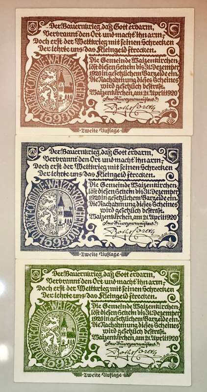 AUSTRIA SET ,,, 50 HELLER ,20 HELLER &10 HELLER WAIZENKIRCHEN 1920 UNC  NOTGELD(EMERGENCY MONEY)