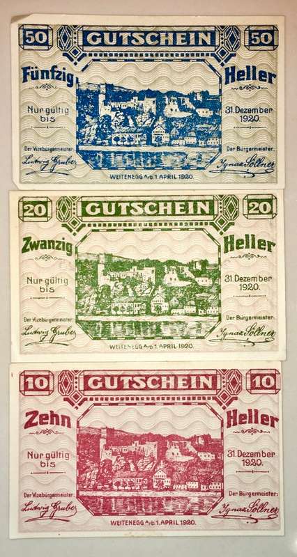 AUSTRIA SET ,,, 50 HELLER ,20 HELLER &10 HELLER WEITENEGG 1920 UNC-AUNC  NOTGELD(EMERGENCY MONEY)
