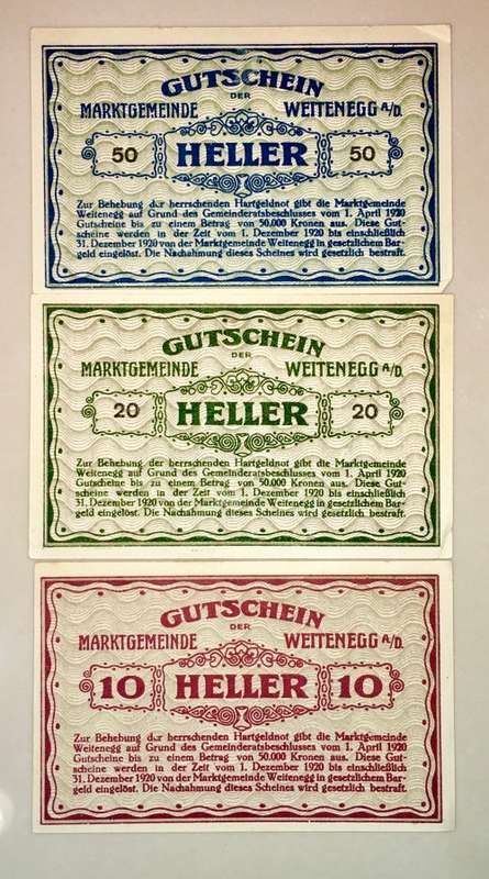 AUSTRIA SET ,,, 50 HELLER ,20 HELLER &10 HELLER WEITENEGG 1920 UNC-AUNC  NOTGELD(EMERGENCY MONEY)