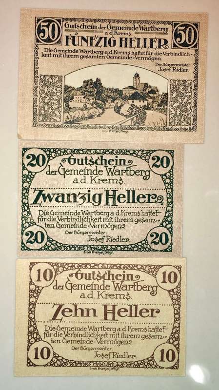 AUSTRIA SET ,,, 50 HELLER ,20 HELLER & 10 HELLER WARTBERG 1921 CRISP UNC NOTGELD(EMERGENCY MONEY)