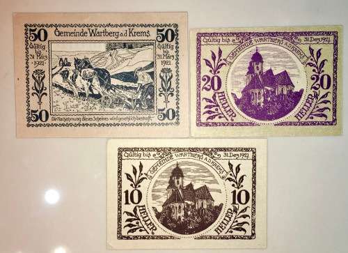 AUSTRIA SET ,,, 50 HELLER ,20 HELLER & 10 HELLER WARTBERG 1921 CRISP UNC NOTGELD(EMERGENCY MONEY)