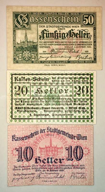 AUSTRIA SET ,,,50 HELLER ,20 HELLER & 10 HELLER KASSENSCHEIN 1920 NOTGELD(EMERGENCY MONEY)