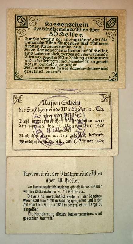 AUSTRIA SET ,,,50 HELLER ,20 HELLER & 10 HELLER KASSENSCHEIN 1920 NOTGELD(EMERGENCY MONEY)