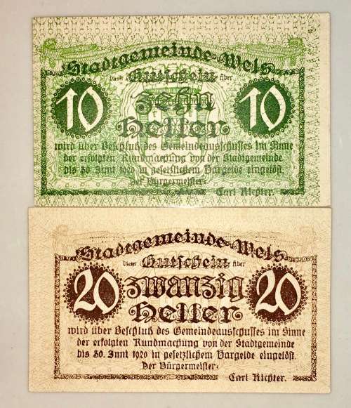 AUSTRIA SET ,,,20 HELLER & 10 HELLER MEIS CRISP UNC1920 NOTGELD(EMERGENCY MONEY)