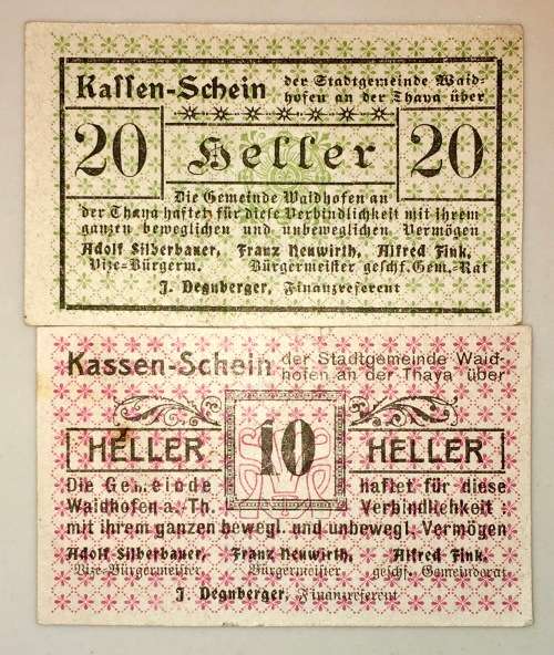 AUSTRIA SET ,,,20 HELLER STAMPED & 10 HELLER STAMPED KASSENSCHEIN 1920 AUNC NOTGELD(EMERGENCY MONEY)