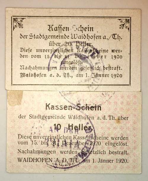 AUSTRIA SET ,,,20 HELLER STAMPED & 10 HELLER STAMPED KASSENSCHEIN 1920 AUNC NOTGELD(EMERGENCY MONEY)