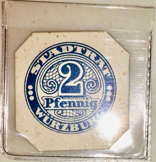 GERMANY,,2 PFENNIG WURZBURG 1920s ND(SCARCES-ON THICKER CARD 2.5CMX2,5CM)  NOTGELD (EMERGENCY MONEY)