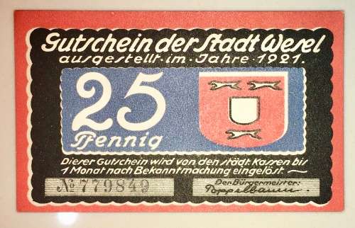 GERMANY,,50 PFENNIG WESEL 1921 UNC  NOTGELD (EMERGENCY MONEY)